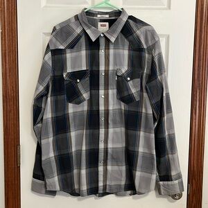 Levi’s Black, Gray & Blue Plaid Mother of Pearl Snap Button Front Shirt Men’s XL